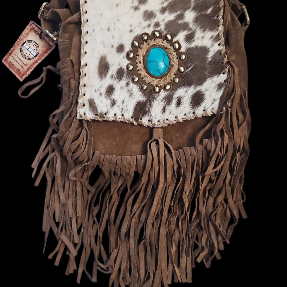 Genuine cowhide and tooled leather crossbody purse Messenger Bag.